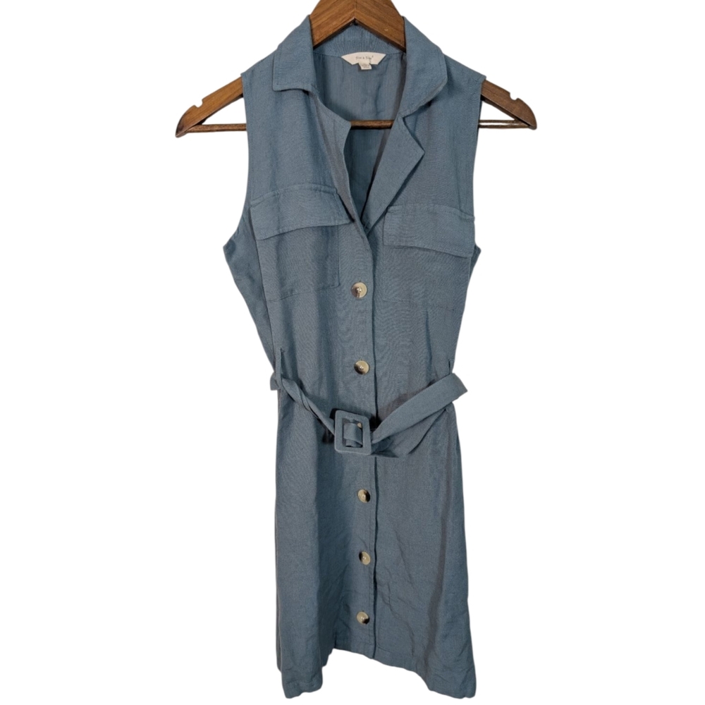 Sim & Sam Teal Blue Rayon Linen Button Down Sleeveless Tied Waist Mini Dress
